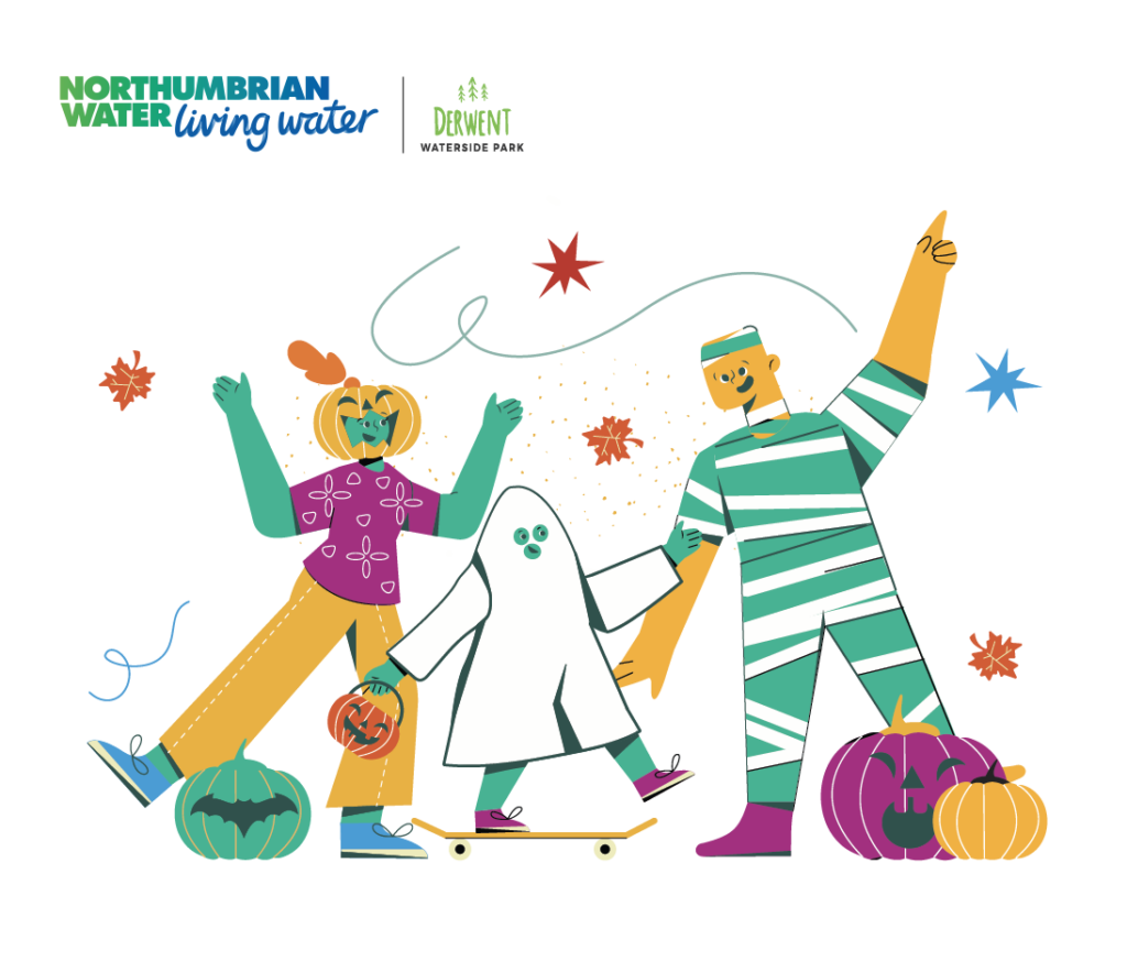 An illustrated family in Halloween costumes enjoy activities at Derwent Waterside