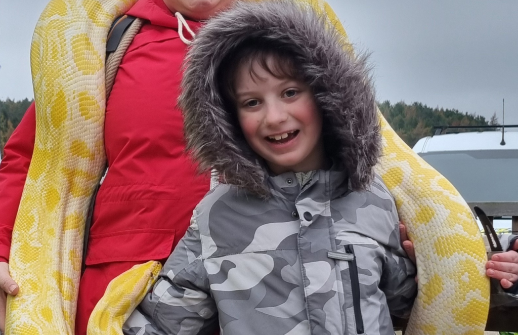 Image shows boy stood with a large python across his shoulders